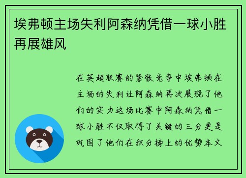 埃弗顿主场失利阿森纳凭借一球小胜再展雄风