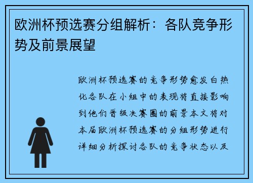 欧洲杯预选赛分组解析：各队竞争形势及前景展望